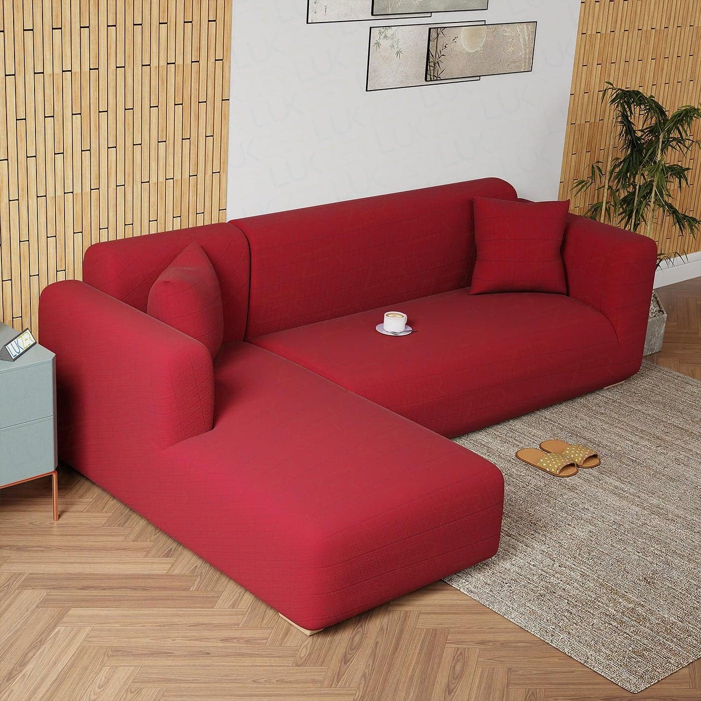 Lukzer L Shape Universal Sectional Anti-Slip Sofa Cover (Textured Red Box/ 185cm-230cm) - Left Hand Side (LHS) Elastic Furniture Protector for Living Room