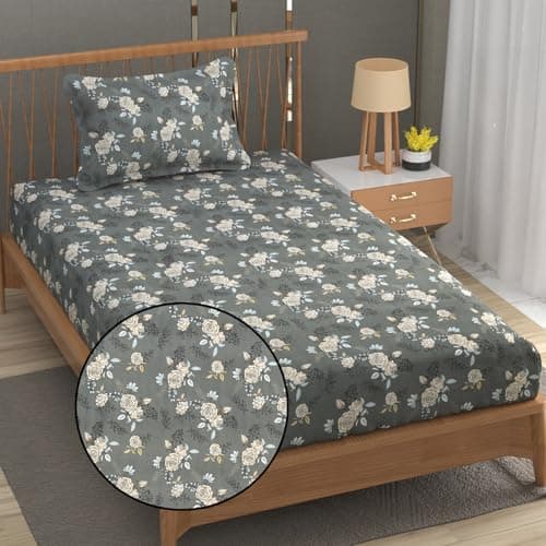 FRESH FROM LOOM Single Bed Microfiber Bedsheet with Floral Print - 240 TC, Anti Fade, 1 Pillow Covers (Size- 60 x 90 Inch | Rose-Oslo-Grey)