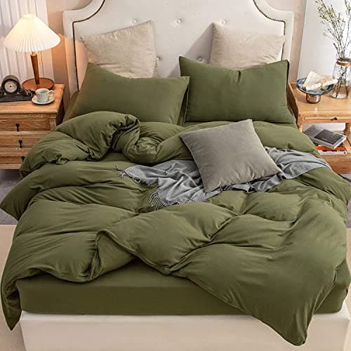PURE ERA Jersey Knit Duvet Cover Set 100 TShirt Cotton Super Soft Comfy 3pc Bedding Set with Zipper Closure Solid Olive Green Queen