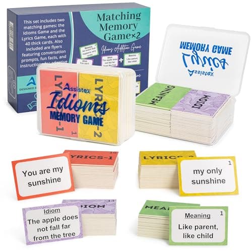 Assistex 2 in 1 Matching Memory Card Games for Seniors Brain Game for Dementia Patients Adult Memory Game for Seniors Lyric and Idiom Cards for Alzheimer and Dementia Patients 40 Cards Each