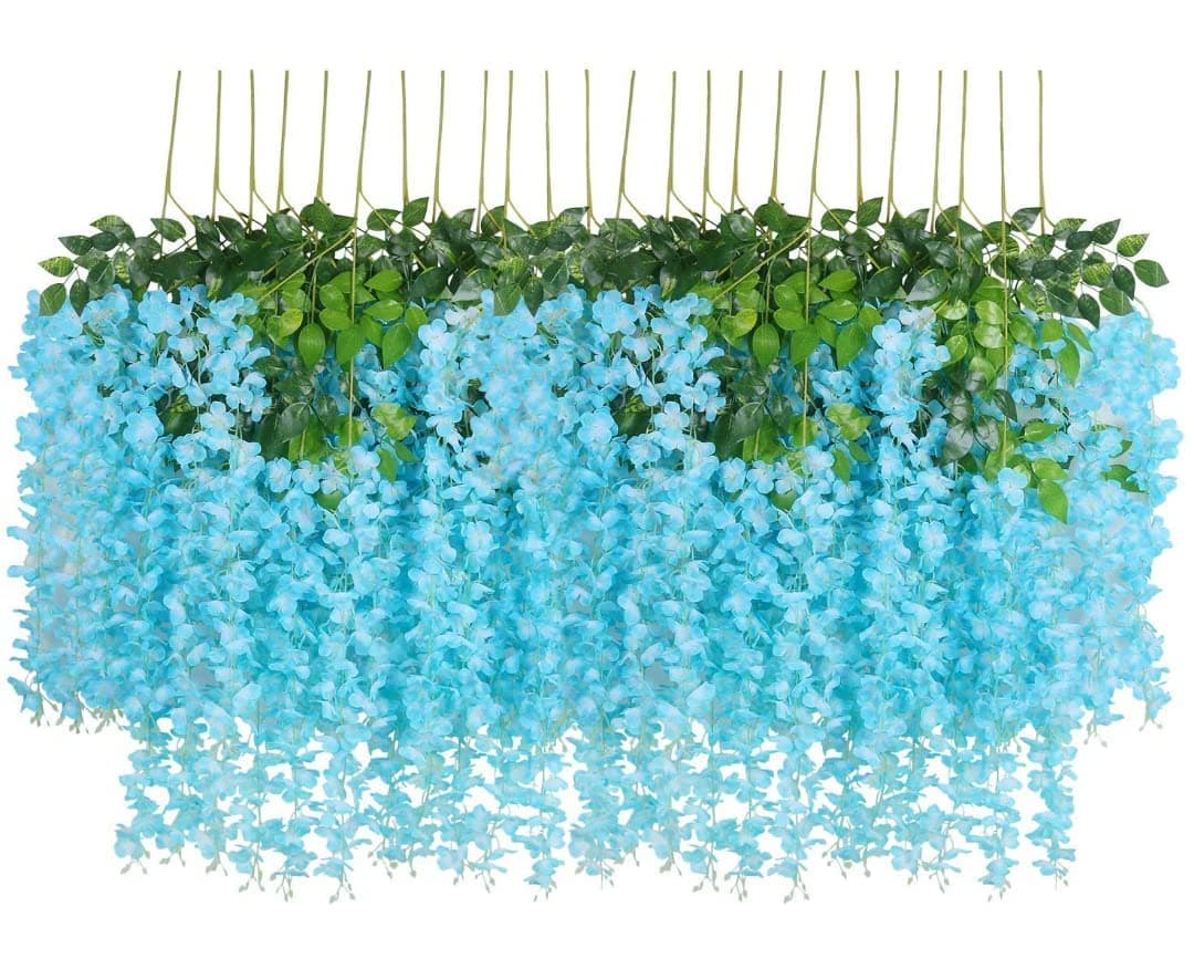Tia Crafts Polyester Artificial Hanging Flowers For Ceiling Balcony | Sky Blue Wisteria Vine | Home Party Decor Garden Outdoor Wall Decoration | Waterproof Washable 3.7Ftpack Of 12 (Sky Blue, 12)