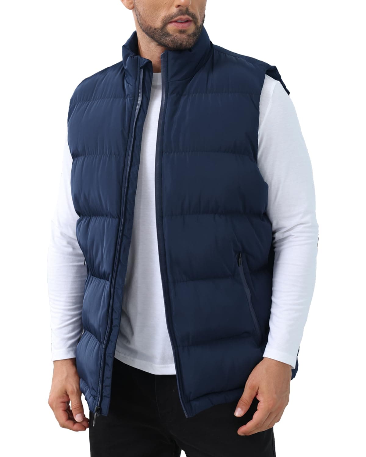JIHUILAI Big and Tall Vests for Men Navy Blue Plus Size Puffer Vest with Zip Pockets Winter Warm Puffy Vest Water-Resistant Men's Vests Outerwear Outdoor Sleeveless Bubble Jacket 5XL