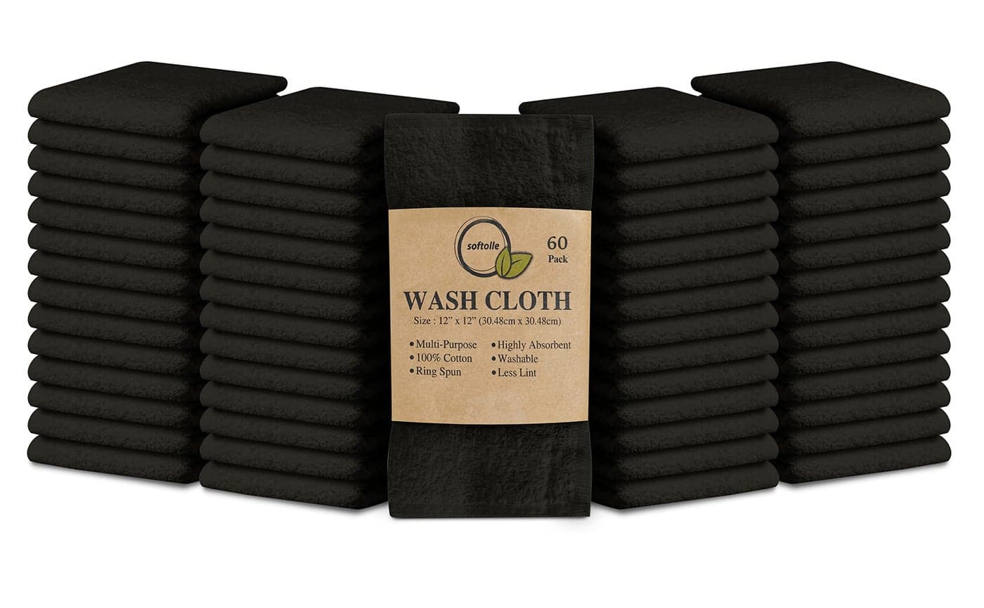 Softolle 100 Cotton Ring Spun Wash Cloths Bulk Pack of Washcloths 12x12 Inches Wash Cloth for Face Highly Absorbent Soft and Face Towels Black 60 Pack