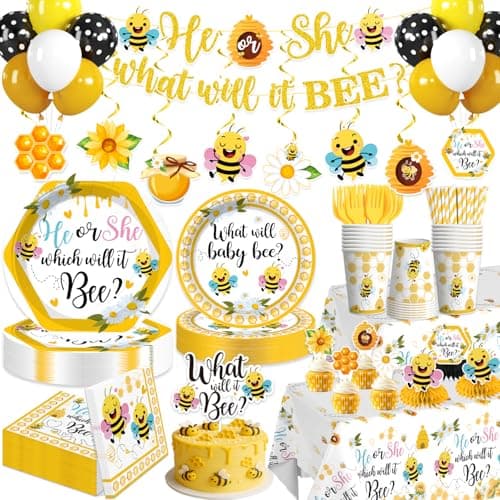 Yingoto 207 PCS What Will Baby Bee Gender Reveal Decorations What Will Baby Bee Tableware Set with Plates Napkins 2 Tablecloths Banner Cake Topper for Bee Gender Reveal Decorations Serves 25