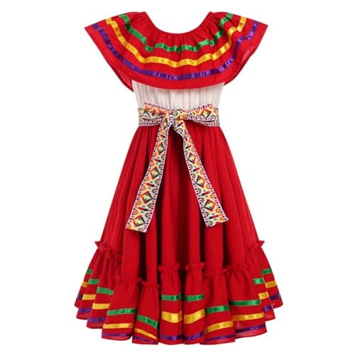 ODIZLI Mexican Dress for for Girls Folklorico Dress Cinco de Mayo Fiesta Dresses Toddler Off-Shoulder Traditional Mexican Dresses Little Girls Flamenco Dress Ruffle Drape A Line Dresses Red 7-8 Years