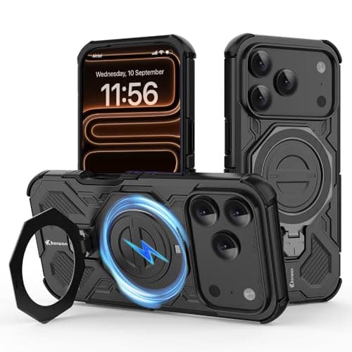 KARWAN Tough Shockproof Armor Back Case Cover Compatible with iPhone 17 Pro Max with 360 Degree Rotation Magnetic Attraction Ring, Holder Heavy Duty Rugged Cover with MagEaze Wireless Charging (Black)