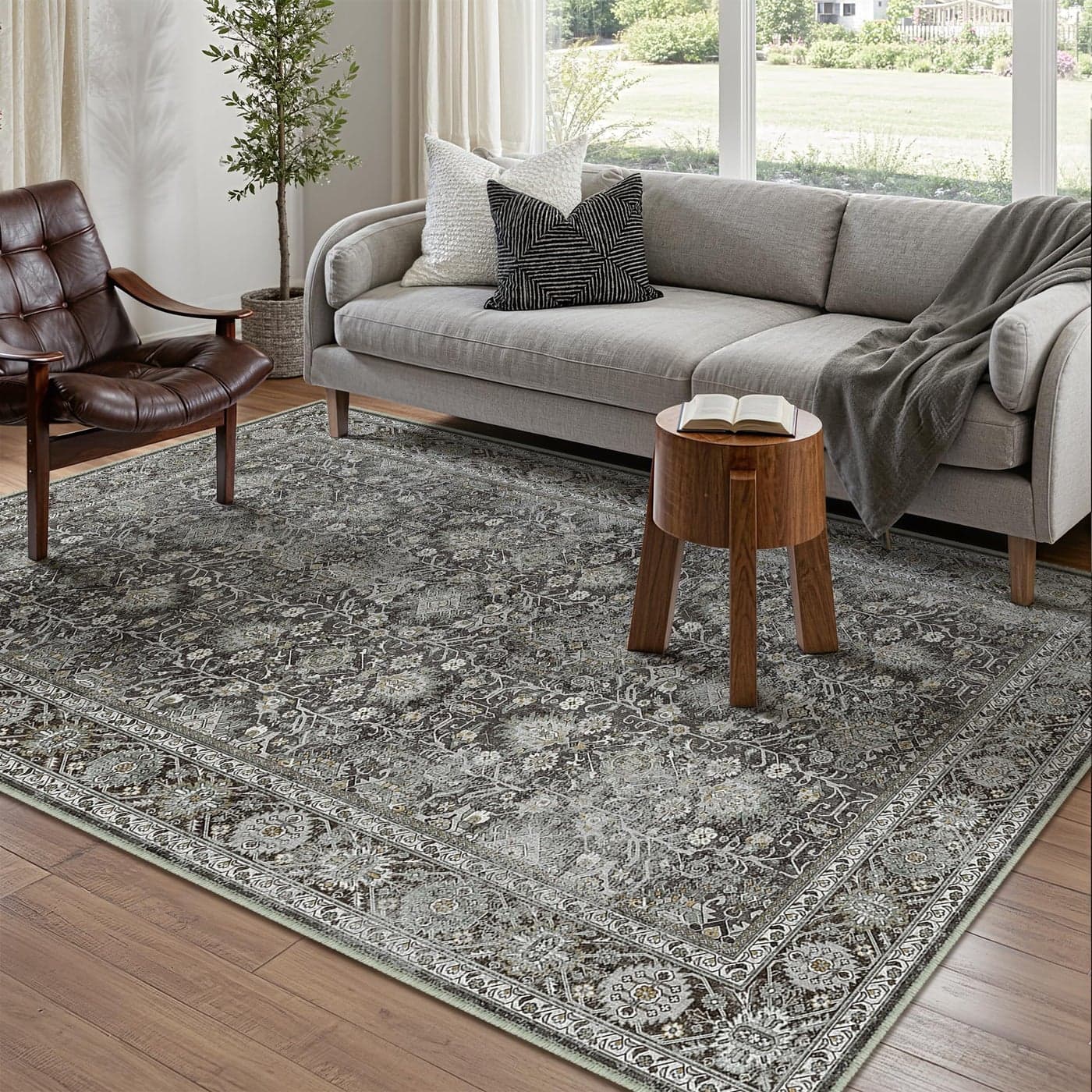 PureCozy Vintage Area Rug 5x7 Black Washable Living Room Large Carpet Non Slip Bedroom Indoor Office Low Pile Traditional Distressed Retro Accent Rug for Dining Room Bathroom Kitchen