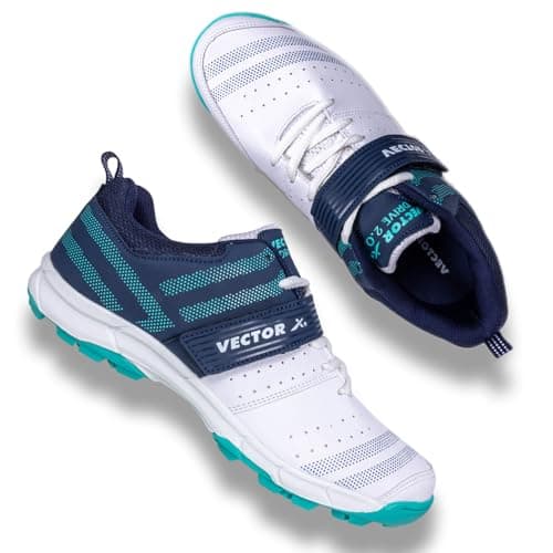 Vector X Drive-2.0 Cricket Shoes Synthetic Leather Upper/PVC Sole Studs for Men Velcro & Lace up | Lightweight & Durable Footwear| Ideal for Turf, Ground & Hard Surfaces (White-Sea-Green, Size: 8)