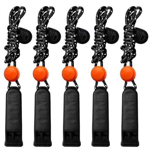 Amzonly Emergency Whistle, 120db Safety Whistle Survival Shrill Loud for Camping Hiking Hunting Boating Fishing Life Vest Jacket Rescue Signaling Kids Lifeguard 5 Pack- Black