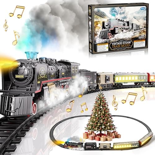 Funwee Electric Steam Train Set with Glowing Passenger CarriagesLocomotive Train Model for Under Christmas Tree with LightsSmoke and Sounds Birthday Gift for Kids 48 Years Old Boys Girls