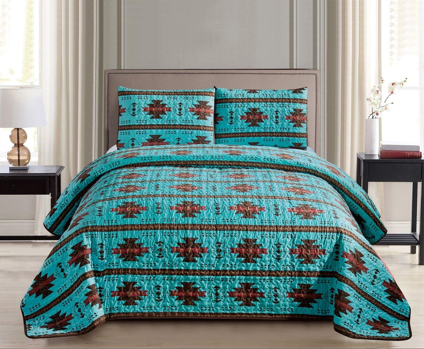 JABA Southwest Print Bedspread 3 Piece NavajoNative American Design Microfiber Teal Color Quilt for Cabin Lodge Ranch Home King Oversize 115 x 96 Southwestern Coverlet Bedding Cover King