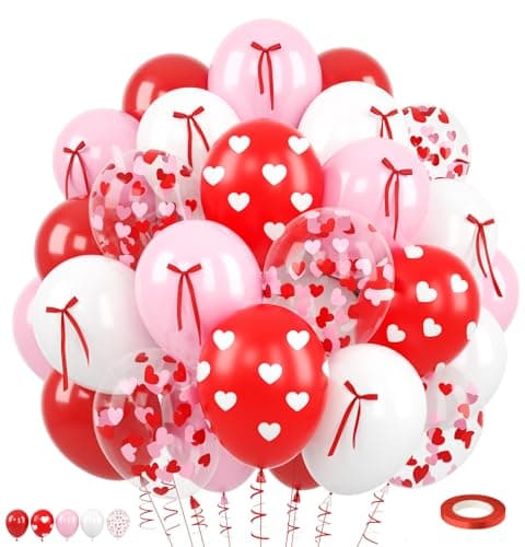 60 Pcs Pink and Red Balloons 12 Inch Red Heart Printed Latex Balloon Pastel Pink White Helium Balloons with Bow Ribbon for Valentines Day Wedding Anniversary Baby Shower Birthday Party Decoration