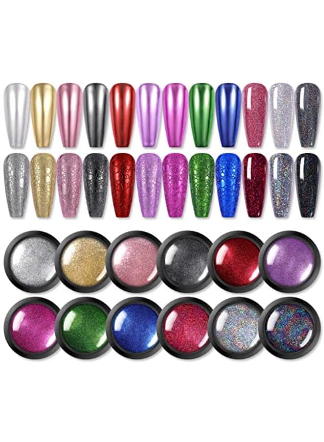 Born Pretty Mirror Chrome Nail Powder Set 12 Colors Metallic Mirror Effect Nail Powder Holographic Aurora Chameleon Pigment for Nail Art Gel Polish Mermaid Powder Decoration Sets
