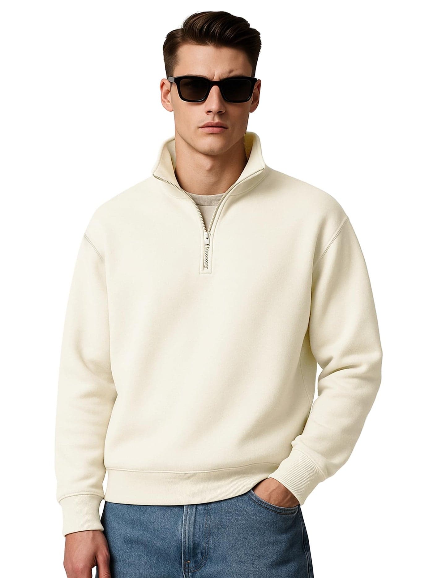 Maniac Mens Plain High Neck Full Sleeve Cream Cotton Fleece Sweatshirt