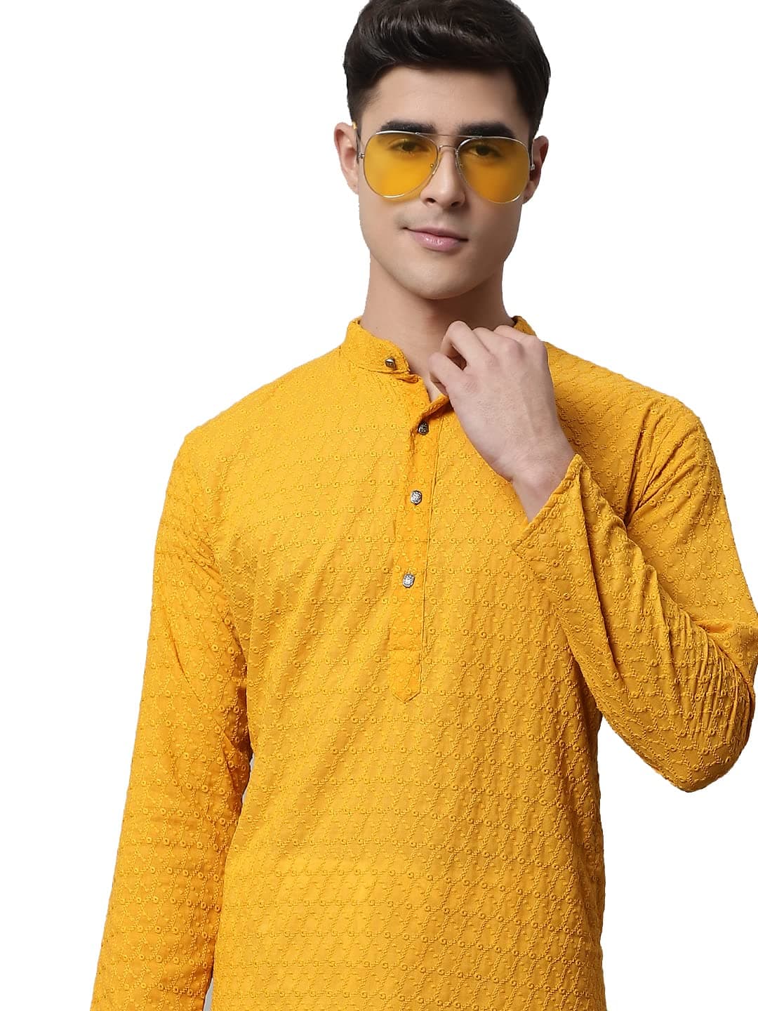 Jompers Men Mustard and Embroidered Kurta with Churidar (Mustard, M)