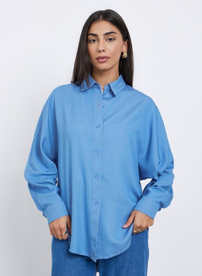 Styli Blue Oversized Shirt with Button Placket