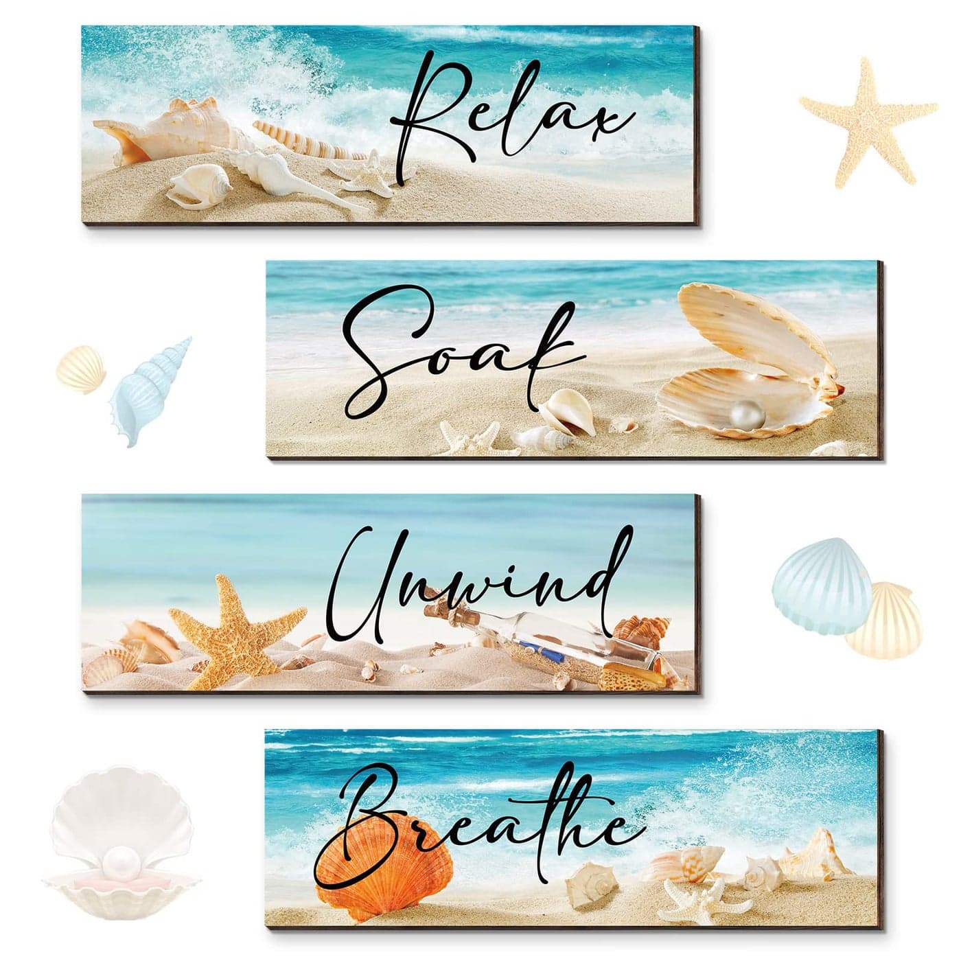 Yulejo 4 Pieces Ocean Beach Bathroom Wall Decors Wood Relax Soak Unwind Breathe Art Sign Hanging Seashell Starfish Wooden for Living Room Laundry Spa Washroom