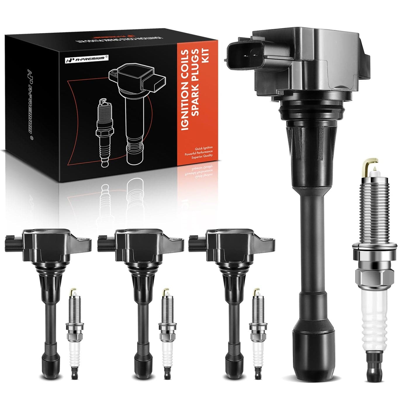 APremium Set of 4 Ignition Coil Pack and Iridium Spark Plugs Compatible with Nissan Altima Rogue Pathfinder Sentra Versa XTrail Cube Infiniti QX60 Q70 FX50 M56 16L 18L 25L