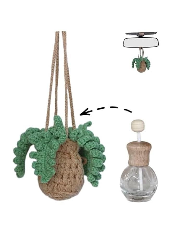 Handmade Crochet Botanical Fern Leaf Car Air Freshener with Refillable 12ml Glass Essential Oil Bottle Long Lasting Diffuser and Nature Inspired Decor
