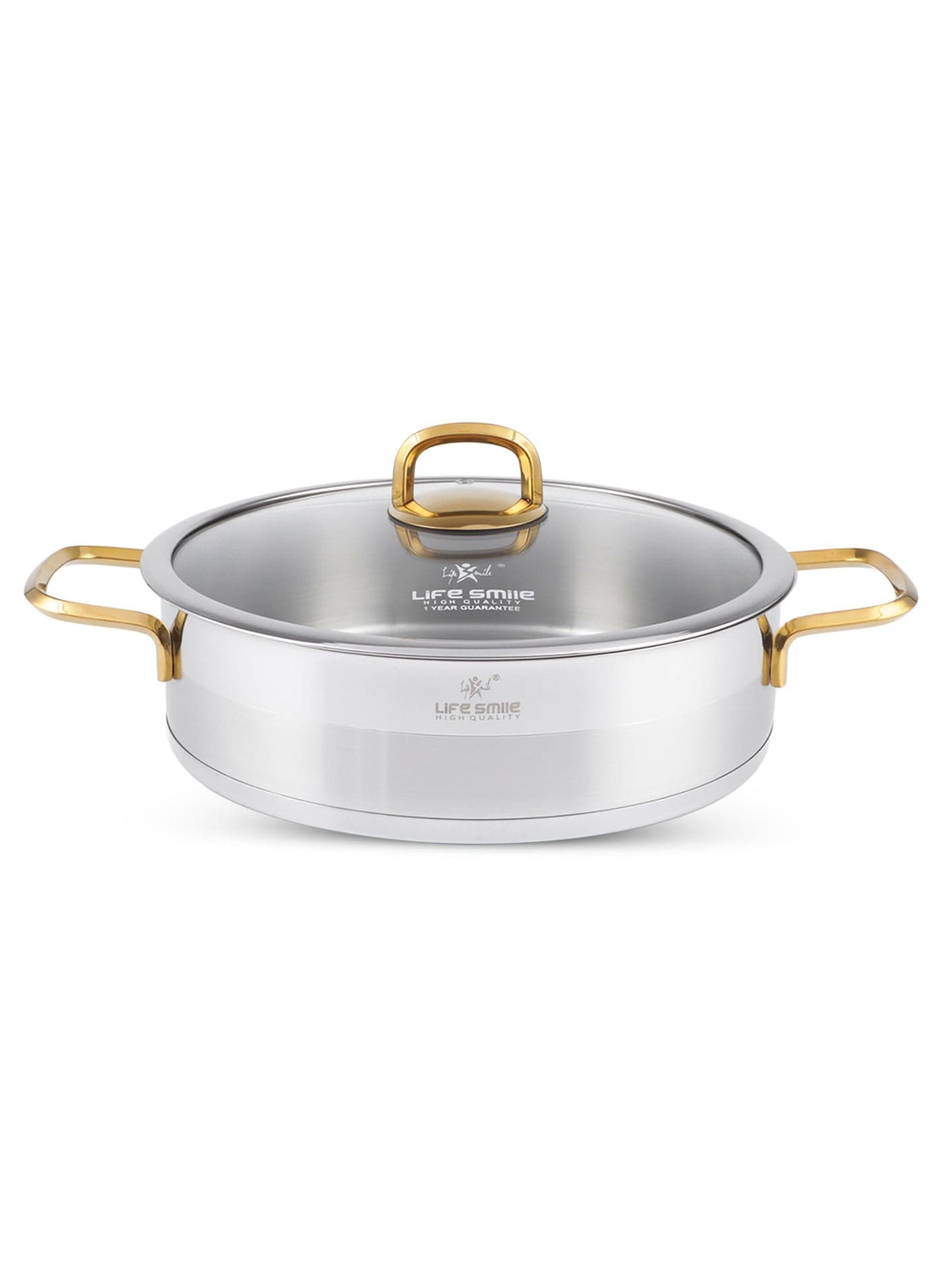 32cm (7.1 Liter) LIFE SMILE Shallow Pot with Lid Big Size - 18/10 Pure Stainless Steel - Induction Base Double Handle Fry Pan - Non-Toxic, 100% PFOA, PTFE & PFOS Free - Oven Safe Saute Pan