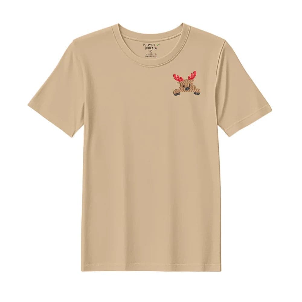 Threads XL Beige Polycotton T-Shirt - Christmas "Peeking Reindeer" Embroidered Design, Premium Holiday Collection