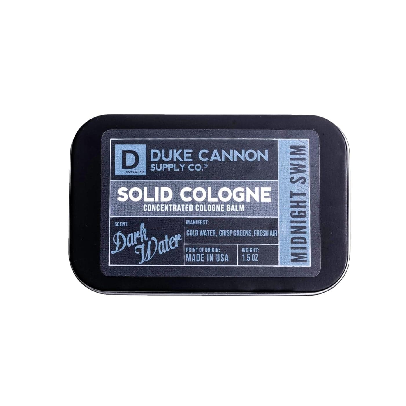 Duke Cannon Supply Co Solid Cologne for Men Midnight Swim Cold Water Crisp Greens Fresh Air Concentrated Balm TravelFriendly Tin 15 oz 1 unit