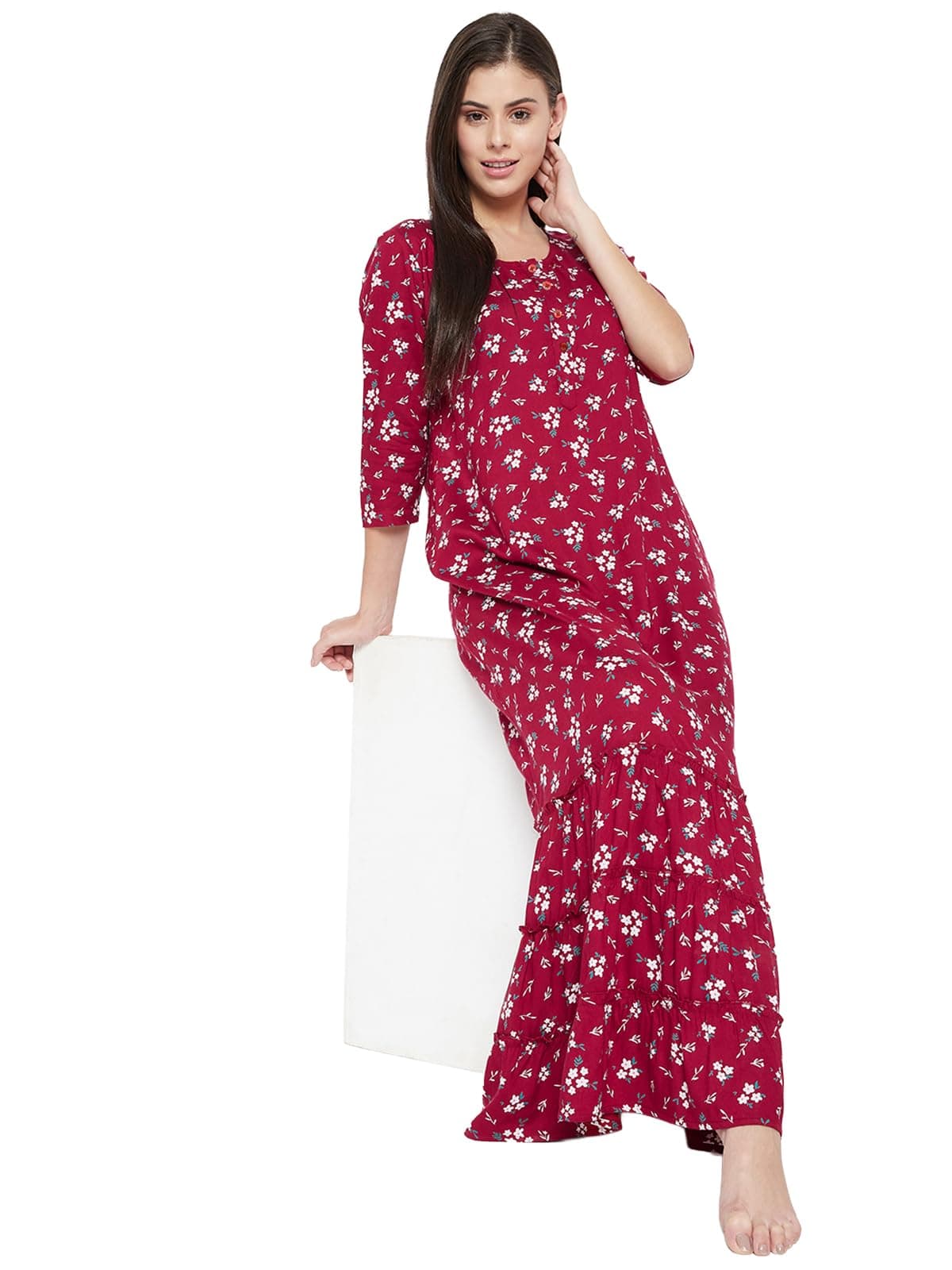 Clovia Women's Cotton Casual Nightgown (NS1359P09XL_Maroon_XL)