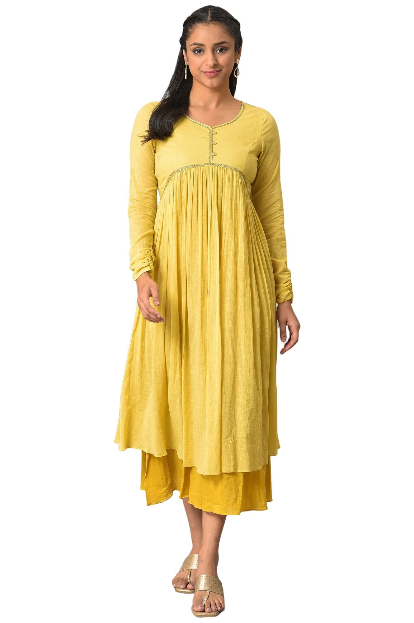 Yellow Flared Solid Dress
