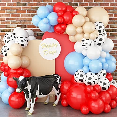 Farm Animal Theme Balloon Garland Arch Kit Red Blue White Latex Balloons Garland with Cow Print Balloons for Kid Barn Yard Farmhouse Country Western Cowboy Birthday Party Supplies Decoration