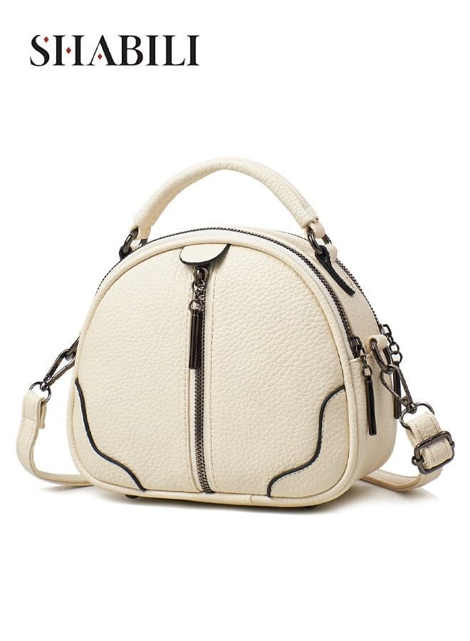 Women PU Shoulder Crossbody Tote Satchel Bag, Ladies Large-Capacity Multi-Pocket Round Bucket Style Dual Zipper Compartments and Detachable Strap for Youth Daily Casual Travel Cross Bags (Beige)