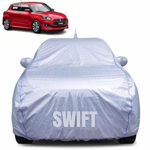 CABIUS 100% Waterproof Car Body Cover for Maruti Suzuki Swift (2012-2017) with Mirror Pocket, Heat & UV Resistant, Triple Stitched, Soft Lining, Bottom Elastic & Piping (Silver Reflective)