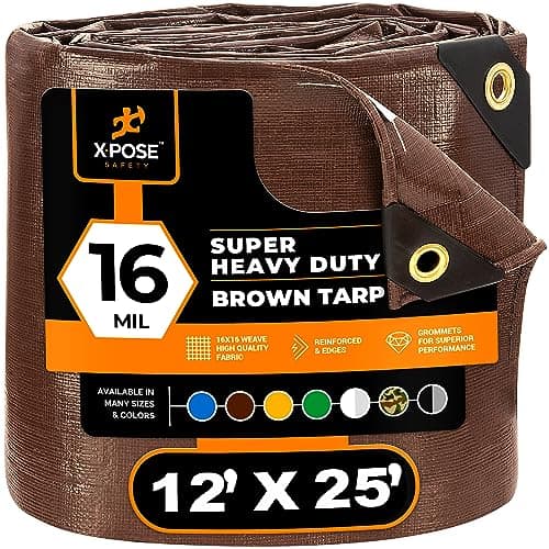 Super Heavy Duty 16 Mil Brown Poly Tarp Cover Thick Waterproof UV Resistant Rip and Tear Proof Tarpaulin with Grommets and Reinforced Edges by Xpose Safety 12 x 25