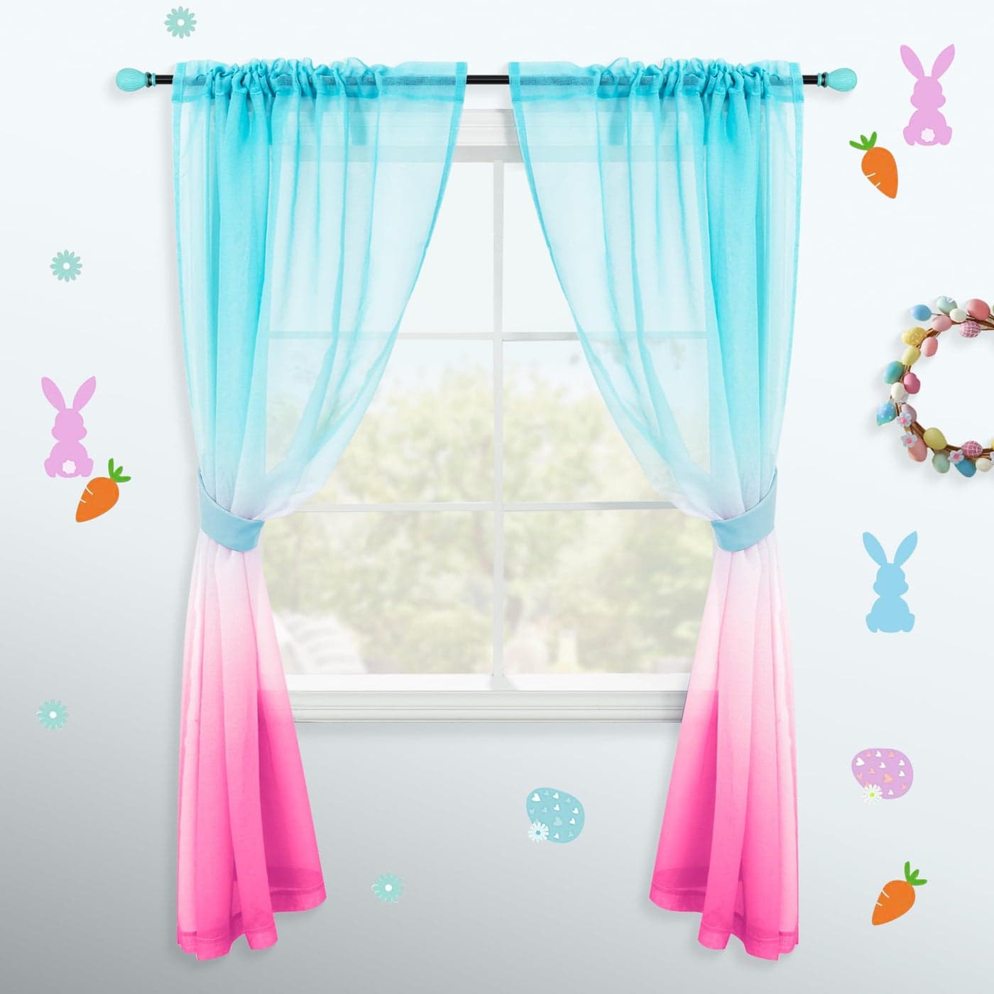 KOUFALL Pink and Green Sheer Curtains 63 Inch LengthTeen Mermaid Curtains for Bedroom Decorations Aqua and Light Pink Girls Room Decor