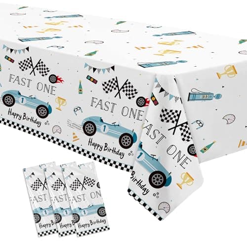 Suhelkit Fast One Birthday Decorations for Boys Tablecloth Blue Race Car 1st Birthday Party Supplies Table Covers for Racing Car First 3 Pack 54in x 108in