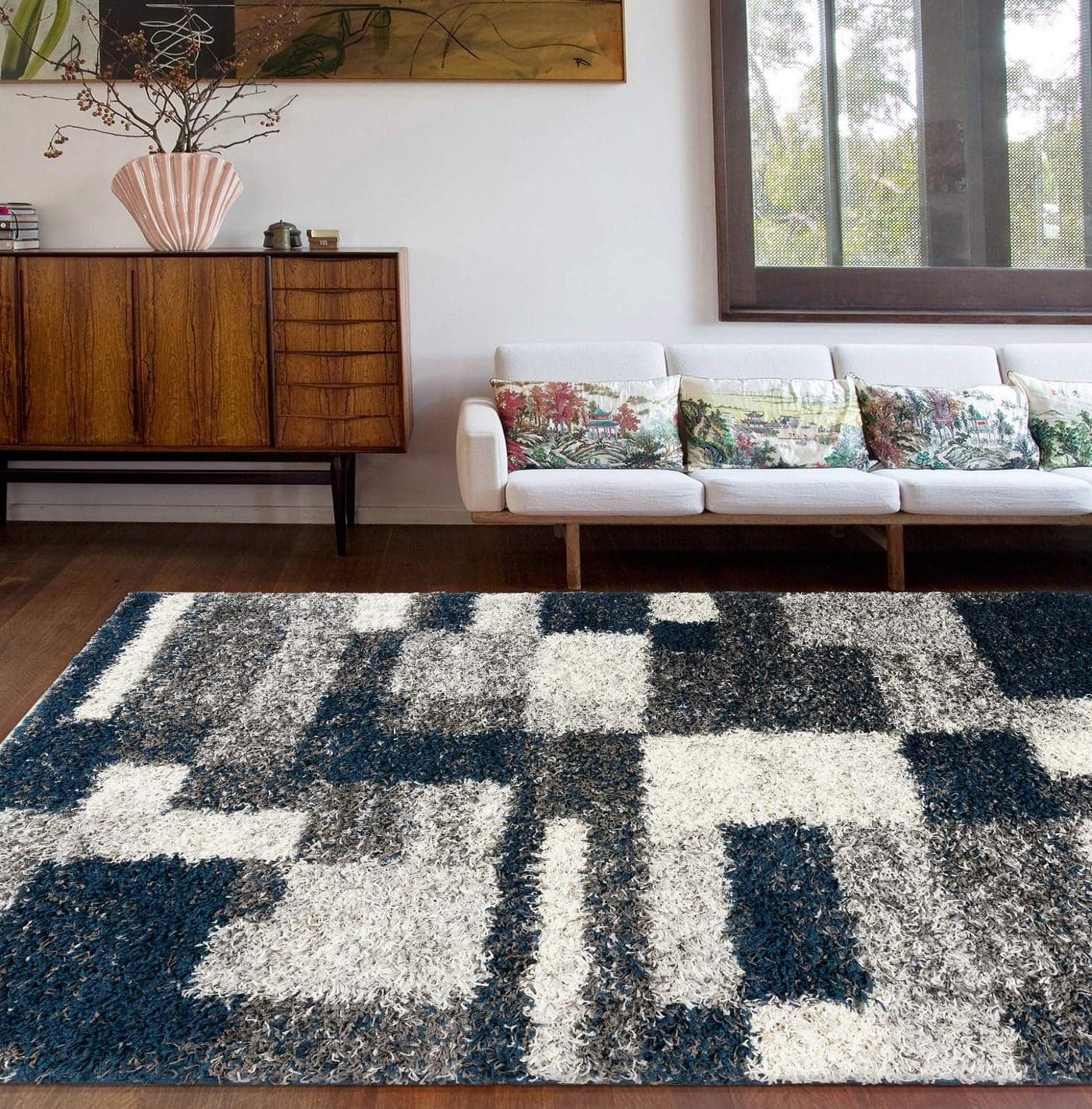 Rugshop Distressed Modern Boxes Plush Shag Area Rug 710 x 10 Navy