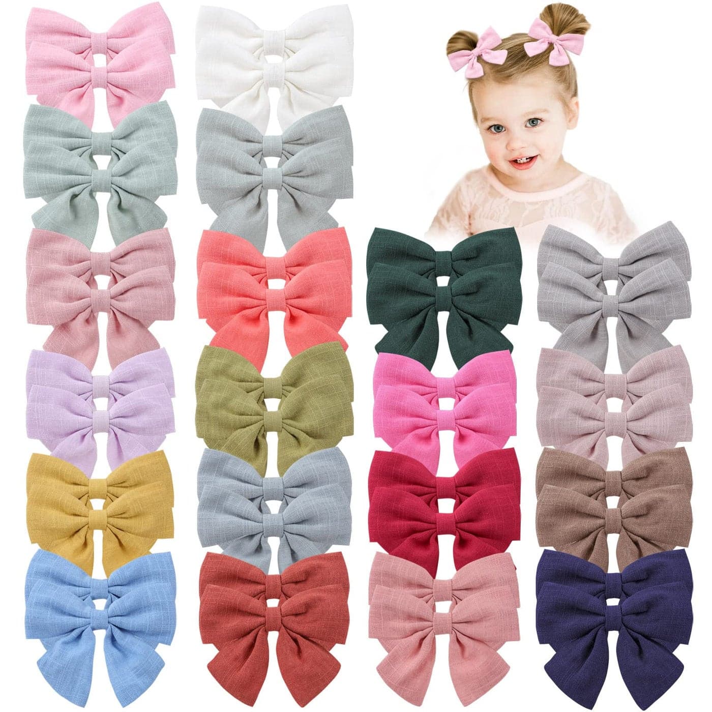 OAOLEER Hair Clip 40Pcs 35Inch Hair Bows for Toddler Girls Linen Neutral Pigtail Bows Accessories in 20 Colors