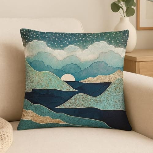 FABANE Jute Cushion Cover 18x18 Inch – Set of 6 Decorative Throw Pillow Covers for Sofa, Couch or Bed – Designer Printed Square Cushion Covers – Home Décor (Blue Moon)