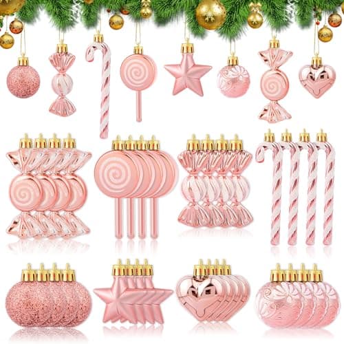 Jansun 32 Pcs Pink Candy Cane Christmas Decorations Set - Plastic Ornaments for Tree, Xmas Hanging Lollipop Crafts With Golden Rope for Holiday