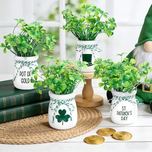 Besteek St Patricks Day Decorations 4 Pcs St Patricks Day Mini Jars with Artificial Shamrock Vases for Irish Table Centerpieces Home Party Kitchen Fireplace Farmhouse Mantel Decor