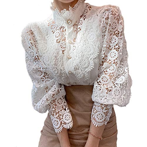 Women’s Elegant Lace Trim Shirts Casual Victorian Blouse Long Sleeve Button Down Tops(XXXL,White)