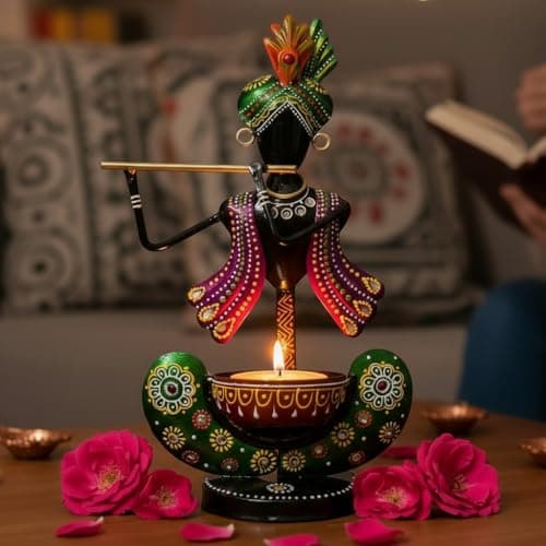 Lamcy Plaza Premium Metal Krishna Tealight Candle Holder - 11 Inches for Home Decoration | Spiritual Vibes and Festive Ambience | Great for Meditation Spaces | Gift Items