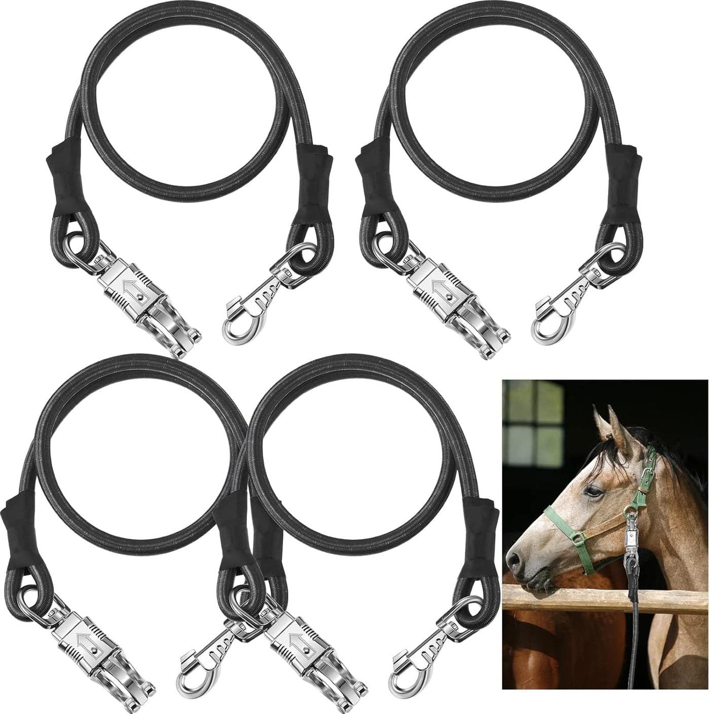 4 Pack Bungee Cross Ties Set Horse Trailer Tie Straps Bulk Bungee Cords with Snaps for Horse Trailer Accessories 36 Inch Long Black