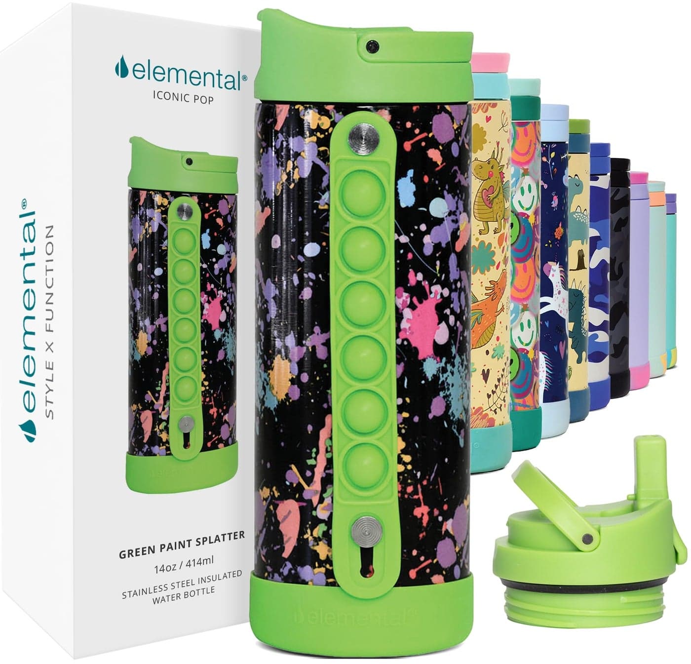 Elemental Iconic Kids Water Bottle with Straw Lid & Stress Relief Pop It Handle, Leak-Proof When Closed, Triple Insulated Kids Stainless Steel Water Bottle For Girls and Boys, 14oz -Green Splatter
