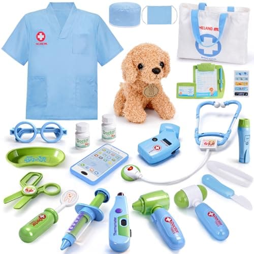 Meland Toy Doctor Kit for Kids Pretend Play Doctor Set with Dog Toy Carrying Bag Stethoscope Toy Dress Up Costume Doctor Play Gift for Kids Toddlers Ages 3 4 5 6 Year Old for Role Play