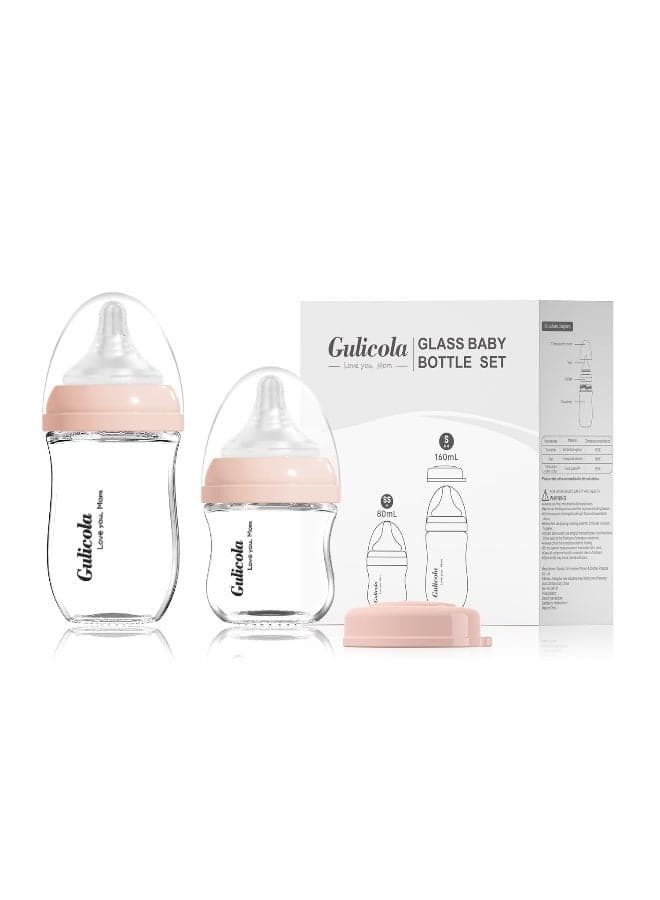 Natural Glass Baby Bottle Newborn Set, 3 oz and 5 oz with Extra Slow Flow & Slow Flow Nipple, Anti Colic, 0-3 Months, 2 Pack - Pink