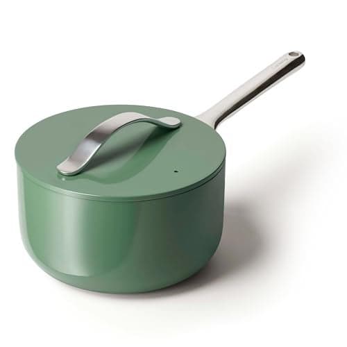 Caraway Nonstick Ceramic Sauce Pan with Lid 3 qt Non Toxic PTFE PFOA Free Oven Safe Compatible with All Stovetops Gas Electric Induction Sage