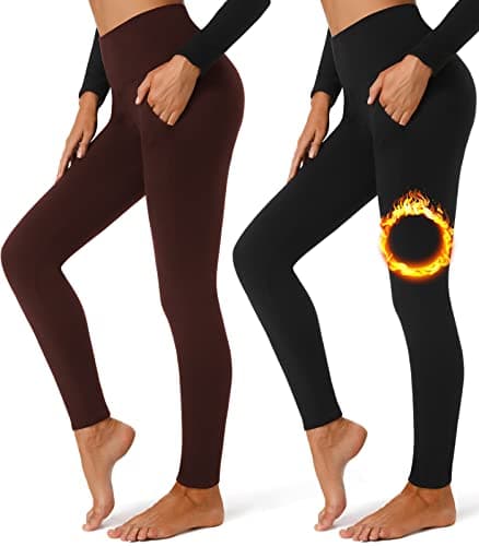 FULLSOFT 2 Pack Fleece Lined Leggings with Pockets for Women High Waisted Thermal Winter Yoga Pants for Workout Running(Black,Brown(2 Pack),Large-X-Large)