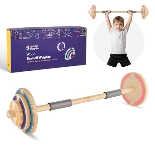 Special Supplies Kids Wooden Workout Play Weights Set - Adjustable Dumbbells and Barbell Set for Home Gym Equipment, Exercise Workout Set for Fitness Activities (Barbell)