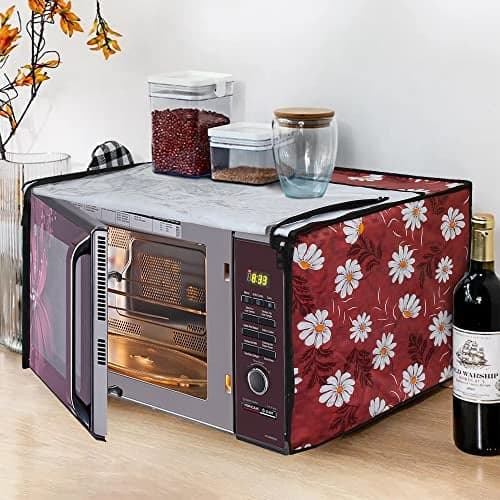 Glassiano Red-White Flower Printed Microwave Oven Cover for LG 28 Litre Convection Microwave Oven MC2886BRUM, Black