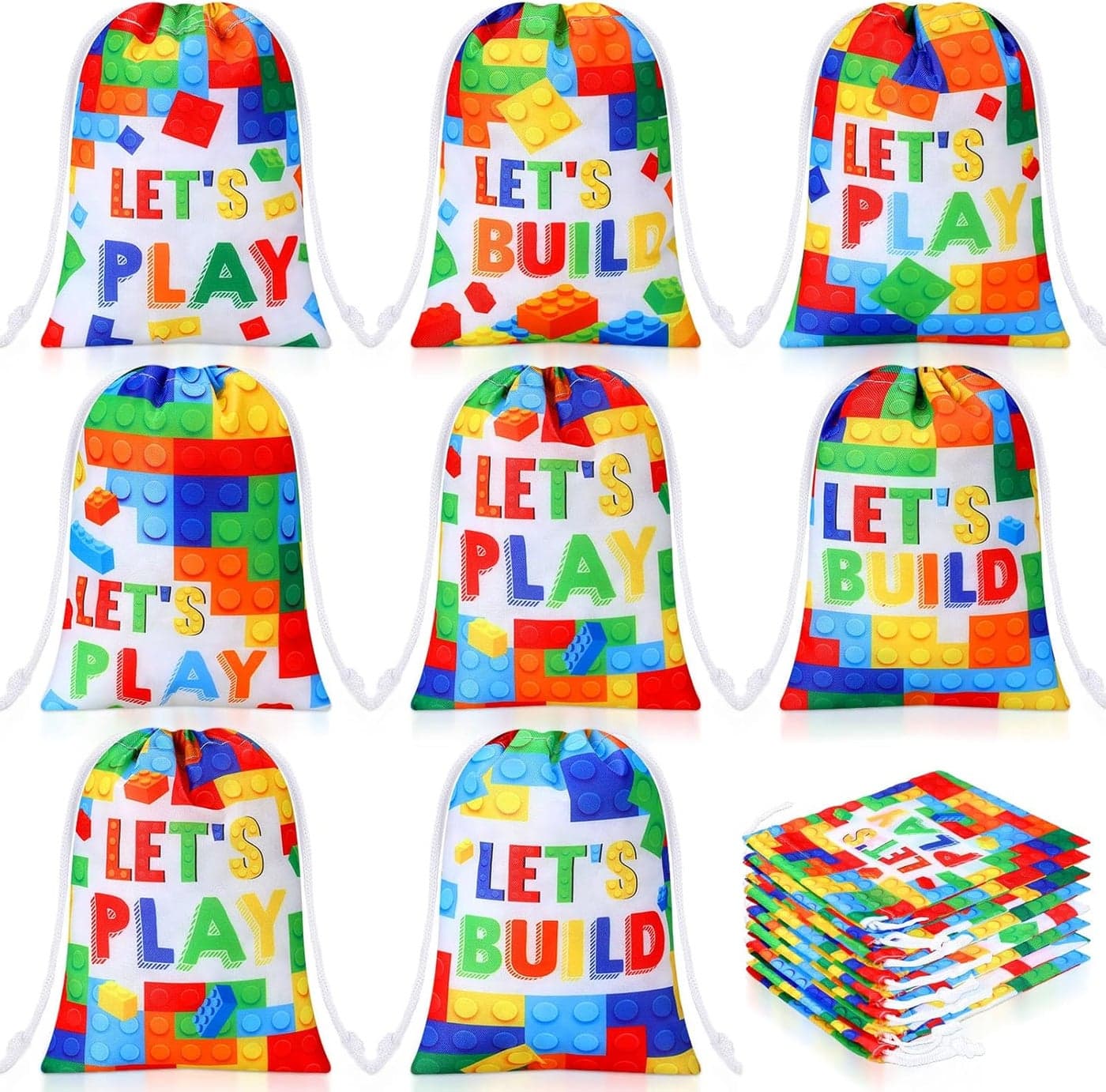 Kajaia 24 Pcs Building Block Candy Treat Bags 71 x 51 Inch Block Party Favor Polyester Drawstring Reusable Gift Goodie Bags Bulk for Kids Birthday Baby Shower Party Decor Supplies